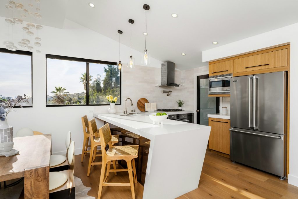 Modern Hollywood Hills home kitchen in Los Angeles, California, with a remodel of an older house