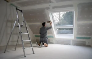 Home Renovations. Professional contractor finishing drywall around a skylight window during an attic renovation in Oswego, Illinois