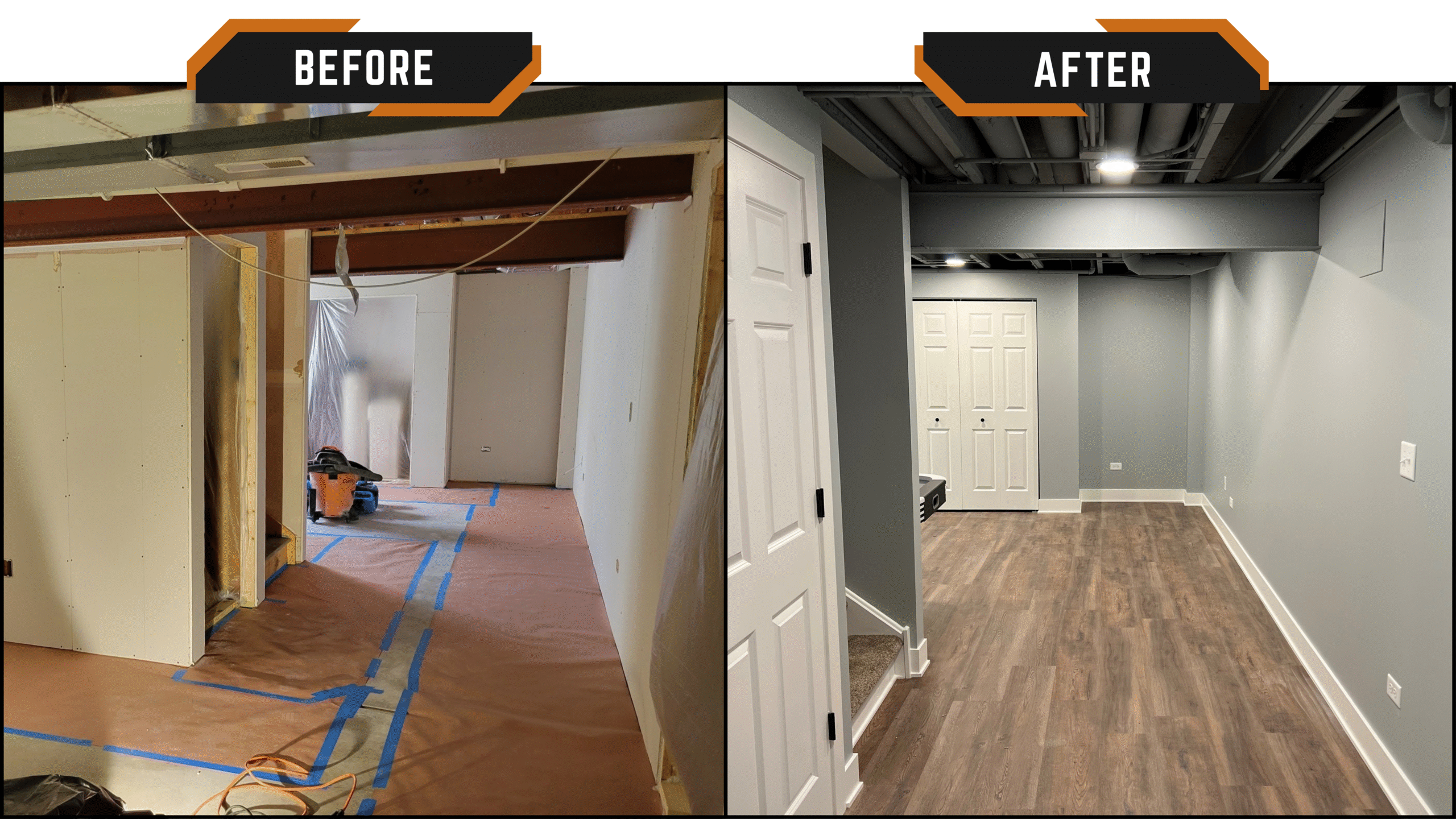 Side-by-side of basement before and after drywall installation, fresh paint, carpeting, and door additions