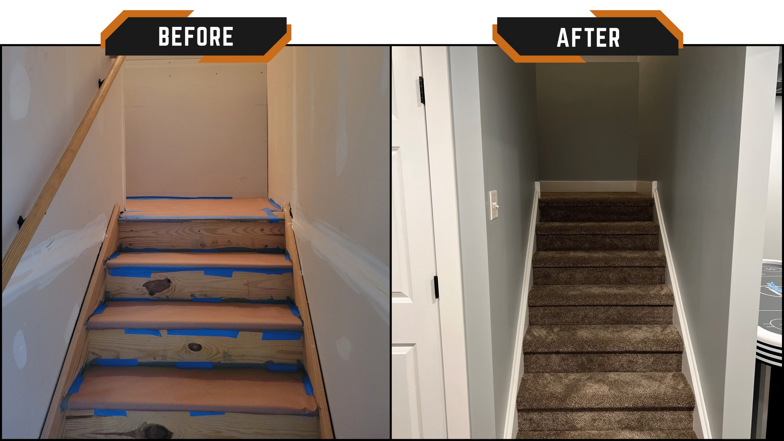 Before and after of basement stairs showing upgrade with new carpet, drywall, and paint