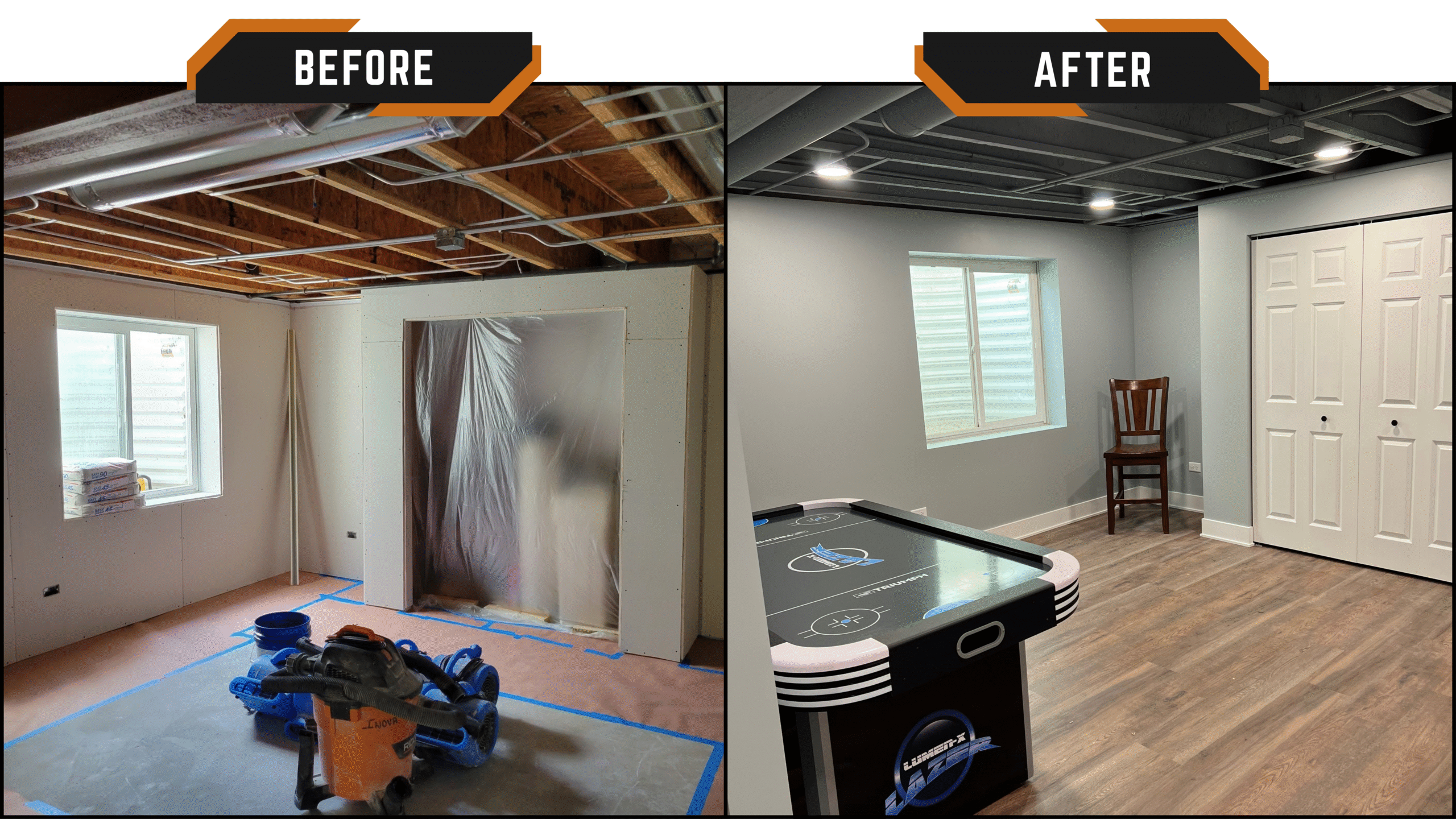 Before and after of basement renovation with added drywall, carpet, paint, and interior doors