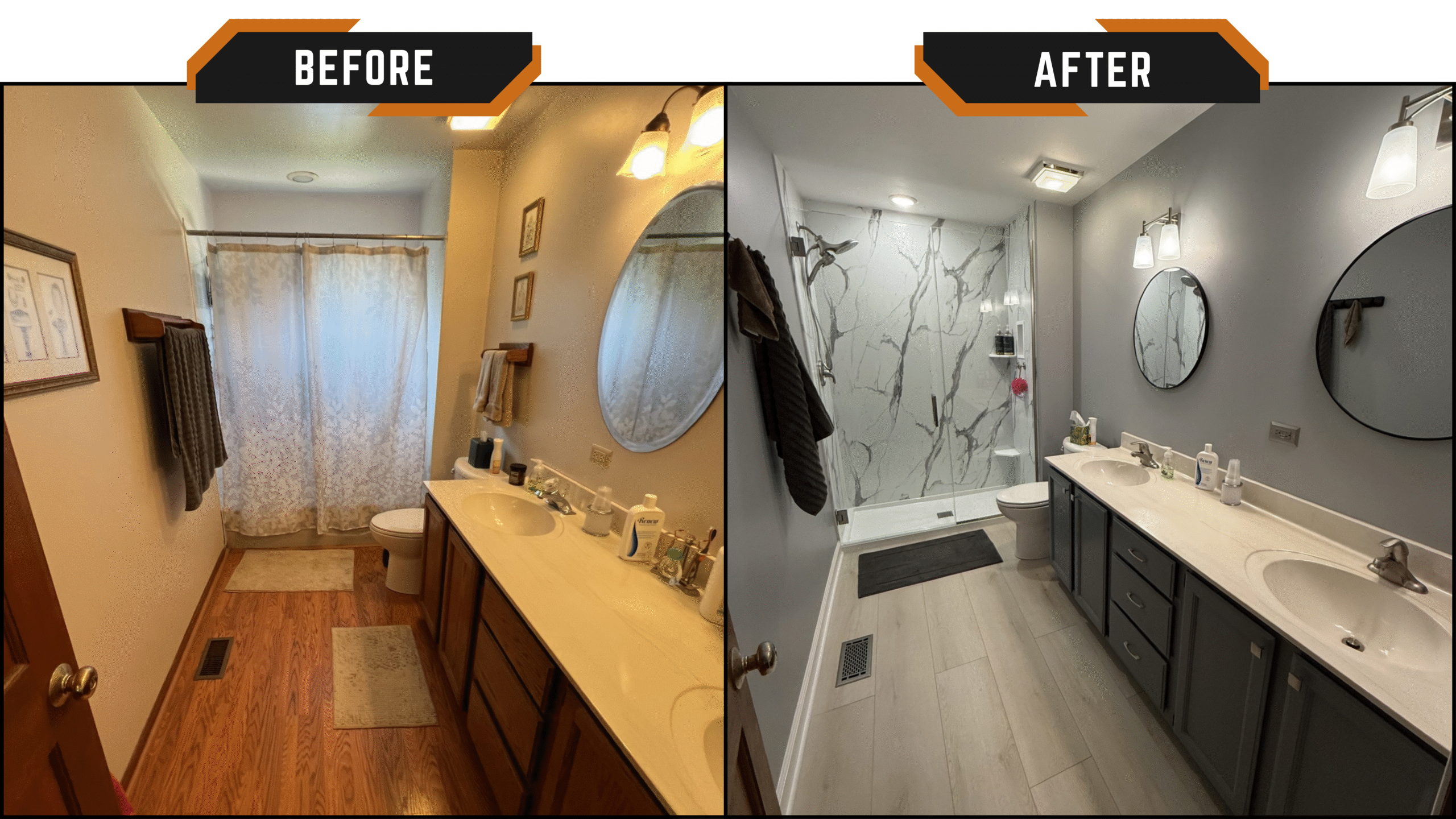 Before and after bathroom remodel with new flooring, marble wet wall shower, fresh paint, and updated mirrors