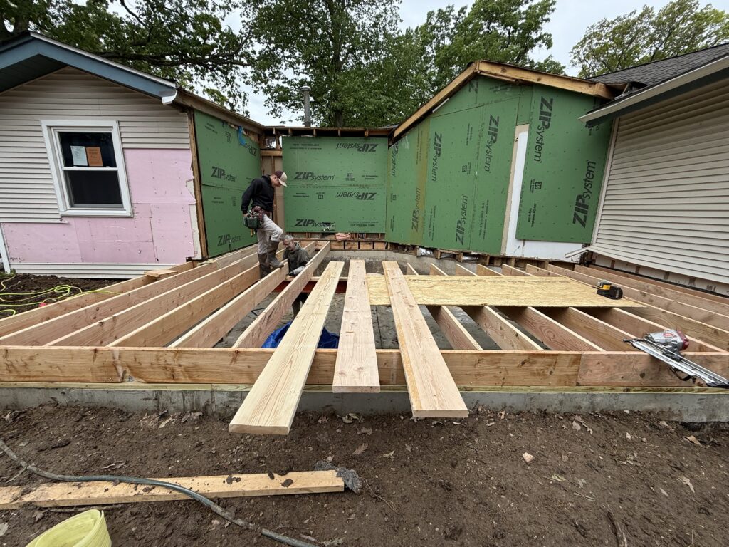 Exterior framing in progress on house addition in Sandwich, IL by local remodeling and construction team