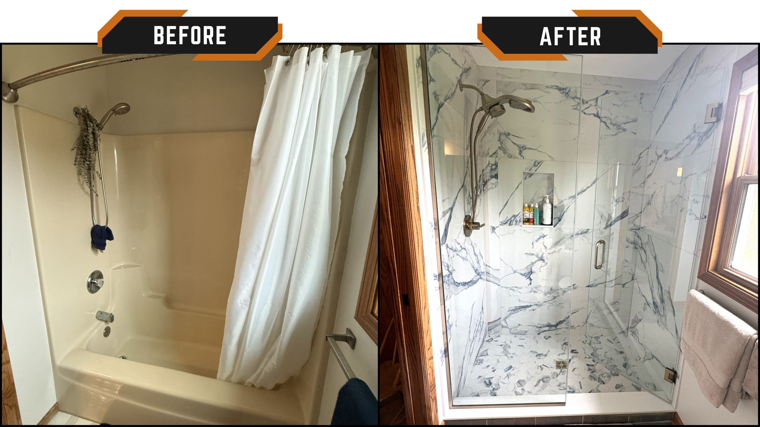 Before and after bathroom remodel in Oswego, IL — outdated tub and shower combo with curtain replaced by a custom walk-in marble tile shower with frameless glass door and built-in niche
