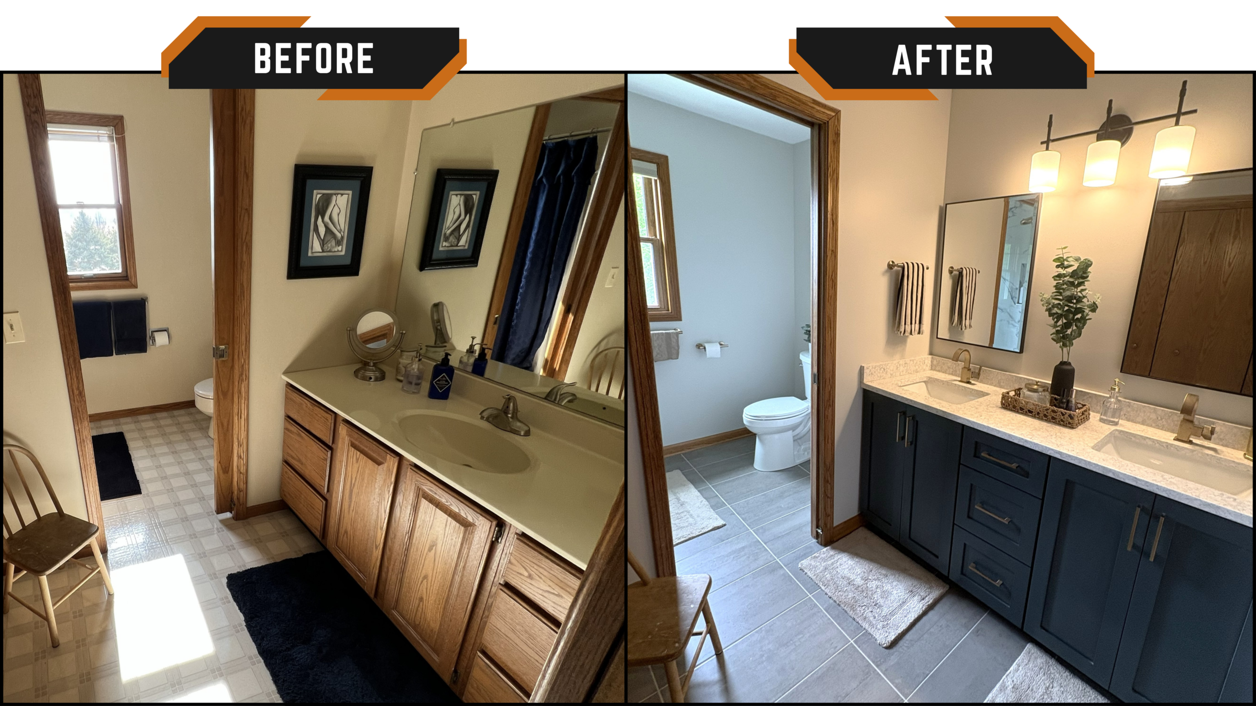 Before and after bathroom remodel in Oswego, IL — dated oak double vanity with beige countertop replaced by a navy blue double vanity with quartz countertop, new tile flooring, and modern light fixtures